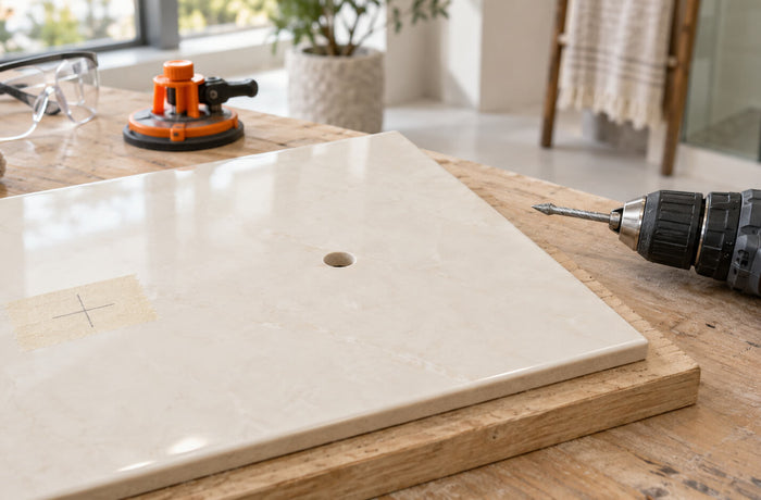 Cordless drill beside a cream ceramic tile with a clean drilled hole and a taped marking on a wooden workbench.