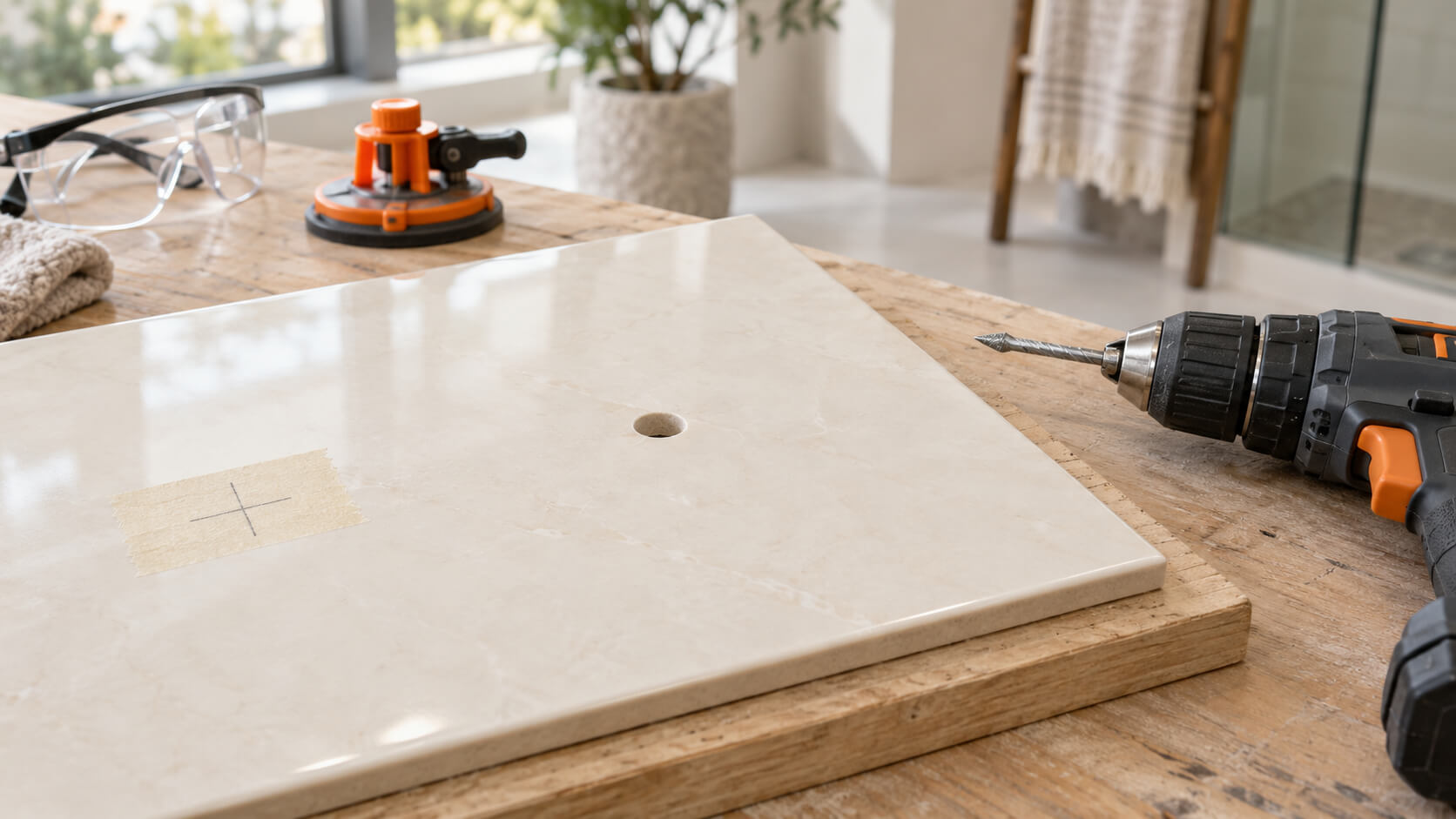 Cordless drill beside a cream ceramic tile with a clean drilled hole and a taped marking on a wooden workbench.