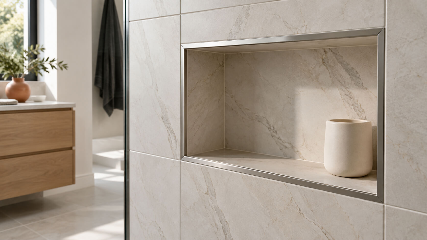 Shower niche framed with brushed metal tile edge trim, surrounded by cream stone-look tiles.