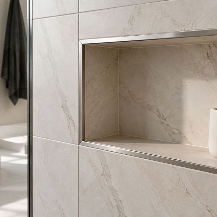 Shower niche framed with brushed metal tile edge trim, surrounded by cream stone-look tiles.