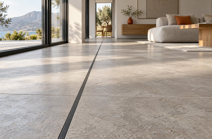 A straight dark movement joint crosses a light porcelain tile floor in a sunlit modern living room.