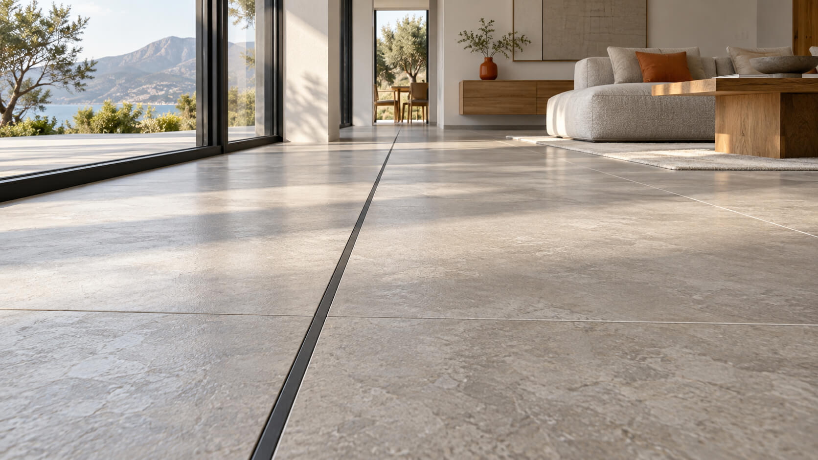 A straight dark movement joint crosses a light porcelain tile floor in a sunlit modern living room.