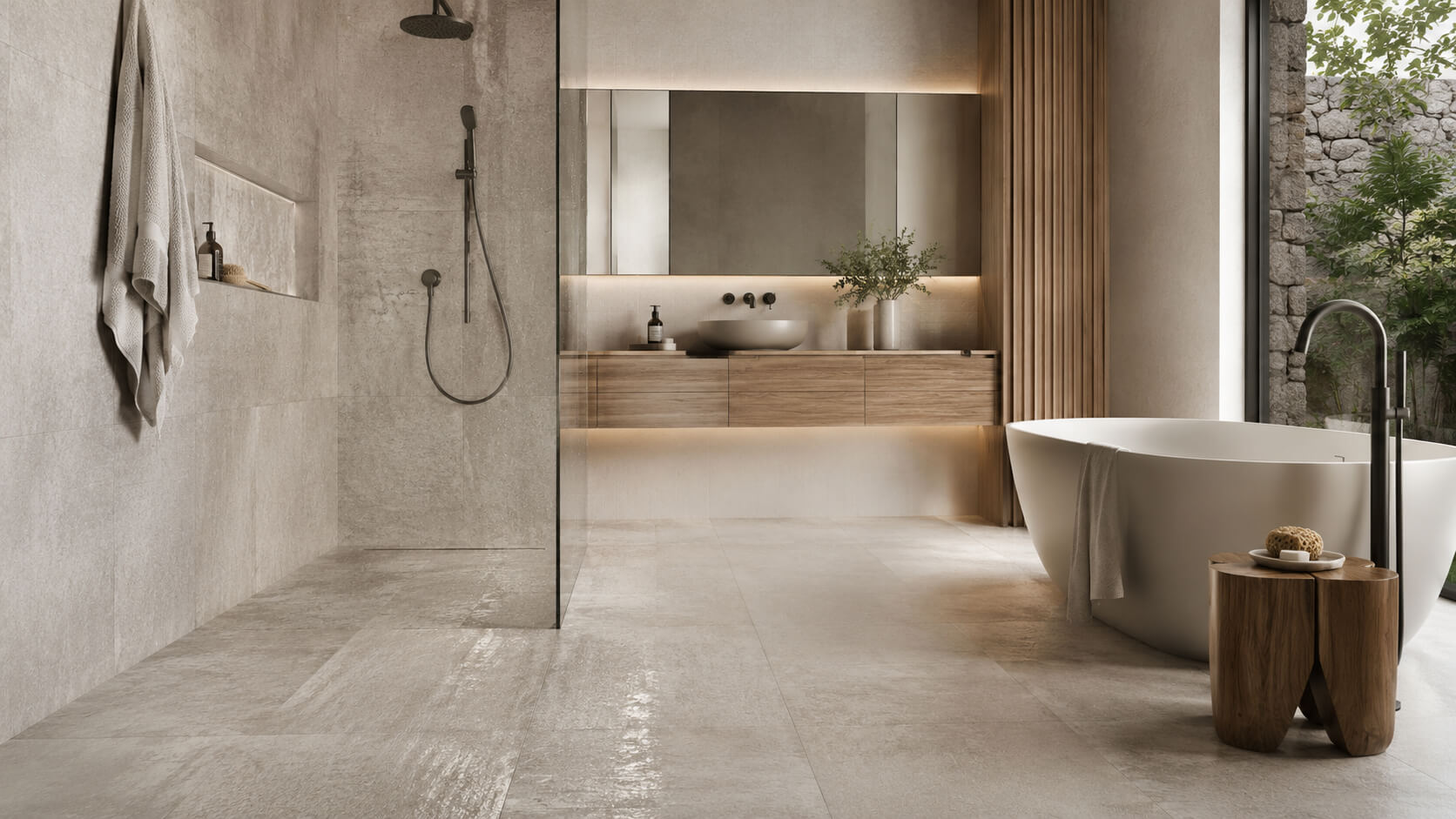 Modern bathroom with slip-resistant tile flooring designed for wet areas