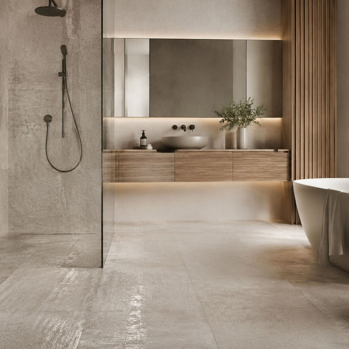 Modern bathroom with slip-resistant tile flooring designed for wet areas