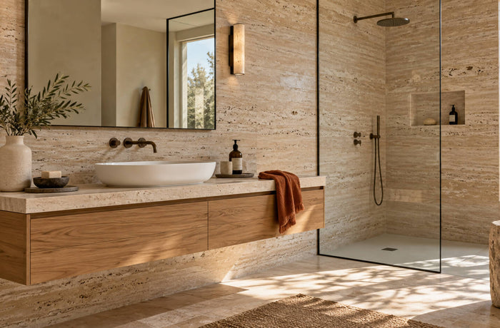 Sunlit bathroom with beige travertine walls, a floating oak vanity, a white basin, and a glass shower enclosure.