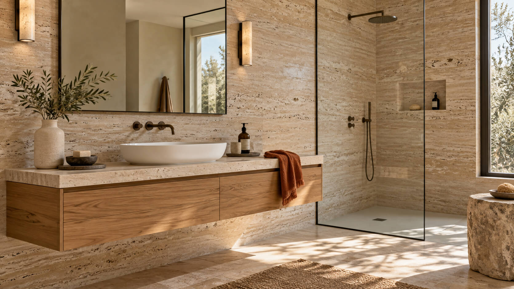 Sunlit bathroom with beige travertine walls, a floating oak vanity, a white basin, and a glass shower enclosure.
