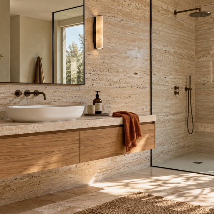 Sunlit bathroom with beige travertine walls, a floating oak vanity, a white basin, and a glass shower enclosure.