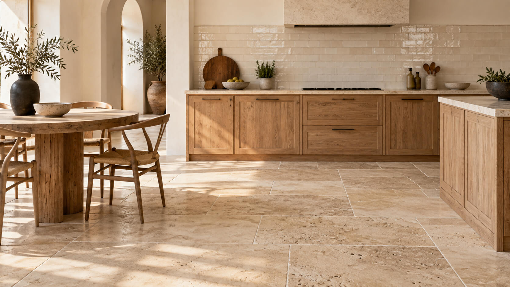 Sunlit kitchen with beige travertine floor tiles, ivory ceramic backsplash, and warm wood cabinetry.