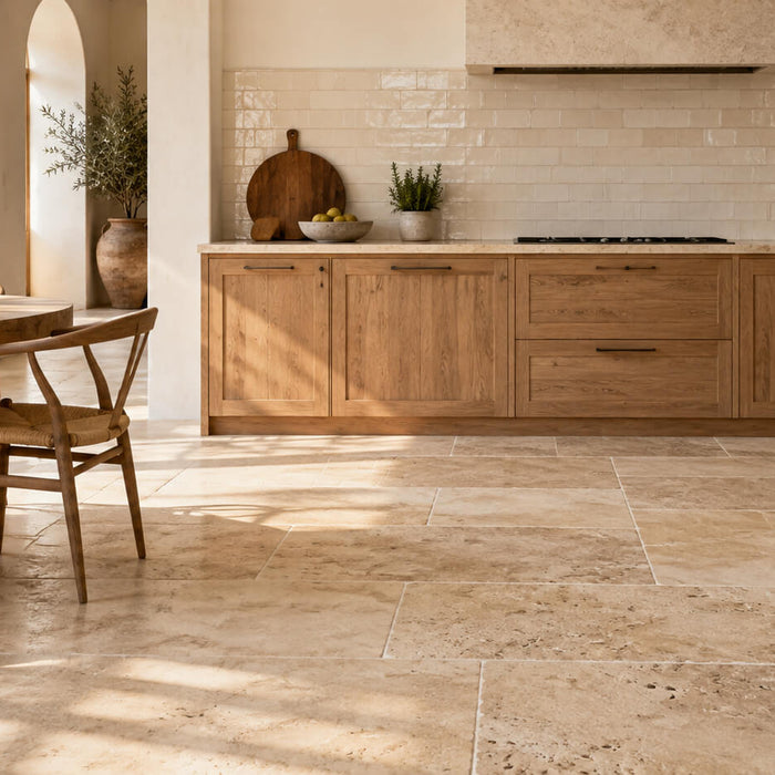 Sunlit kitchen with beige travertine floor tiles, ivory ceramic backsplash, and warm wood cabinetry.