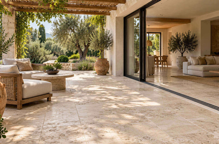 Beige travertine terrace connecting a garden home's living room with a shaded outdoor seating area.