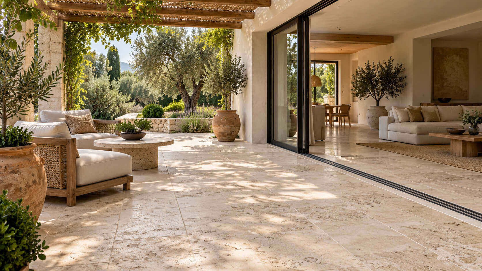 Beige travertine terrace connecting a garden home's living room with a shaded outdoor seating area.