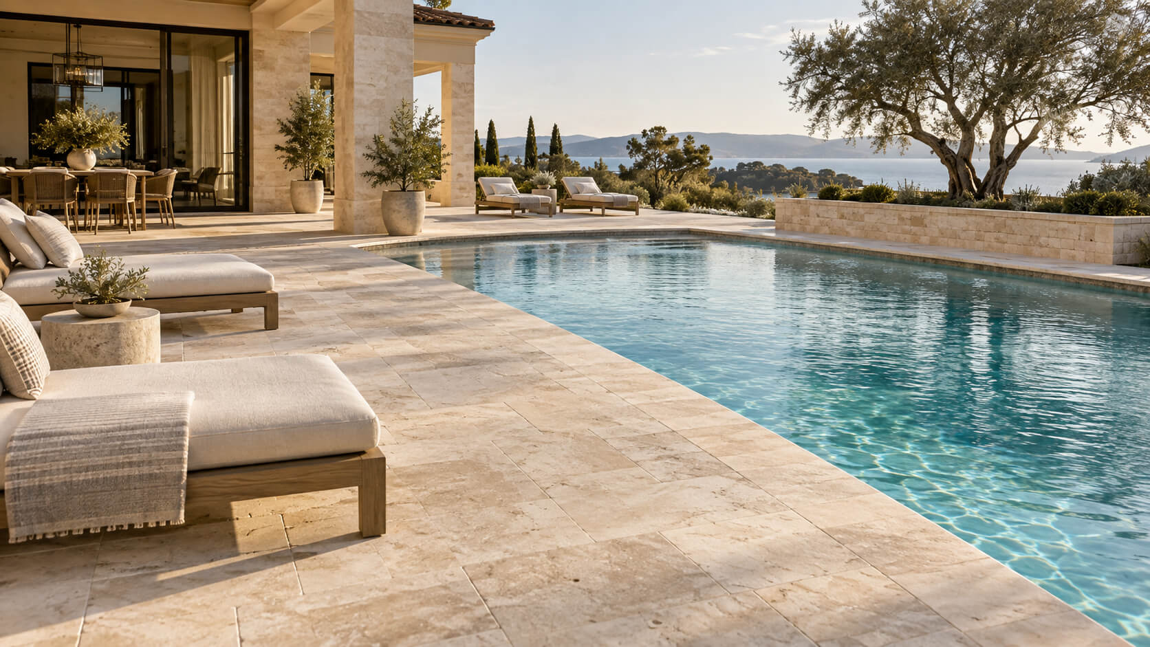 Luxury outdoor pool surrounded by light travertine pavers and matching pool coping