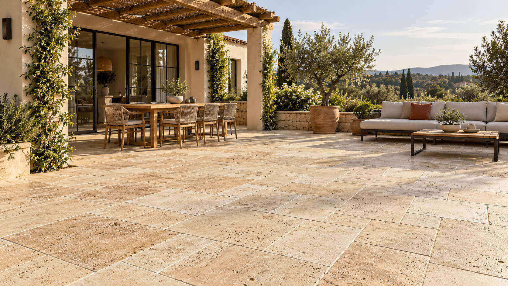 Beige travertine terrace with a wooden pergola, dining area, outdoor sofa and olive trees.