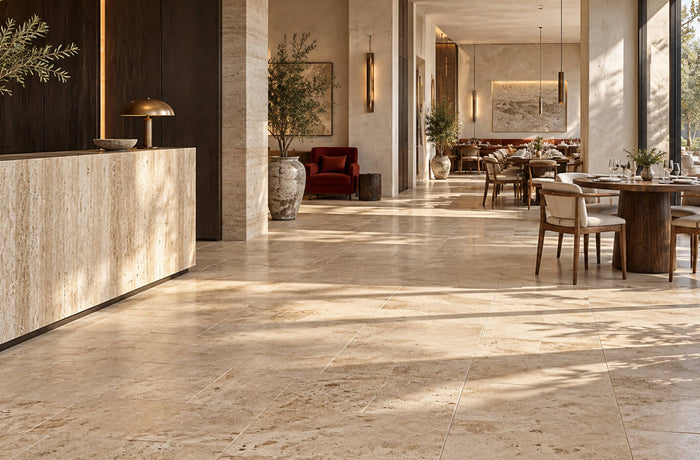Sunlit hotel lobby and restaurant with beige travertine flooring, a stone reception desk and wooden dining furniture.