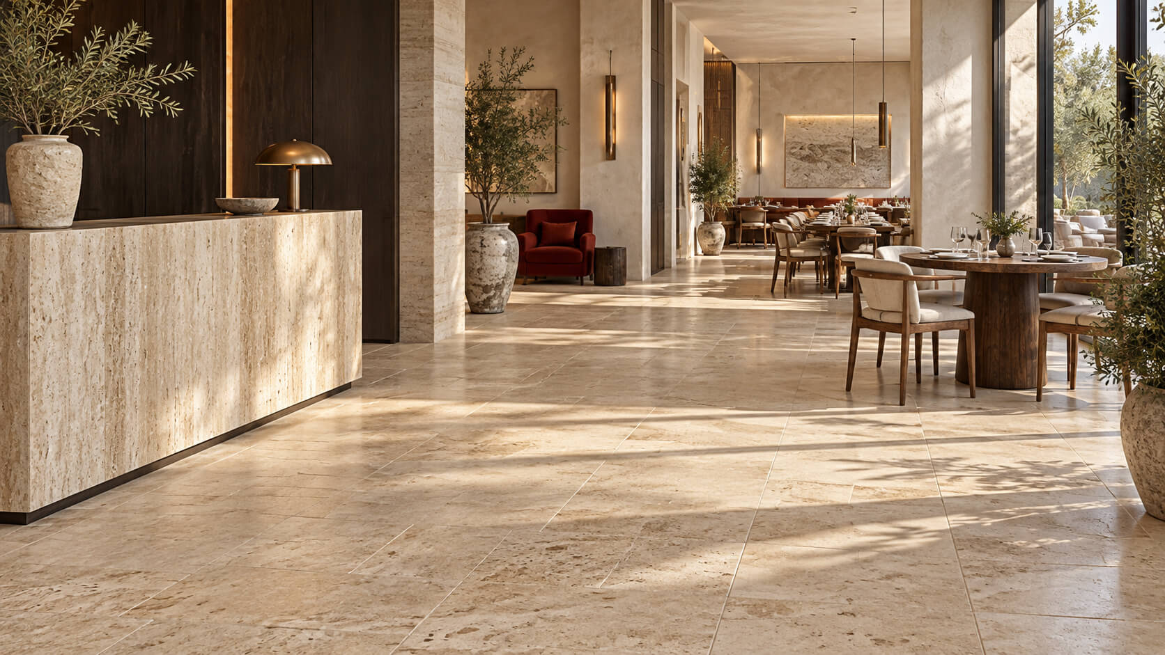 Sunlit hotel lobby and restaurant with beige travertine flooring, a stone reception desk and wooden dining furniture.