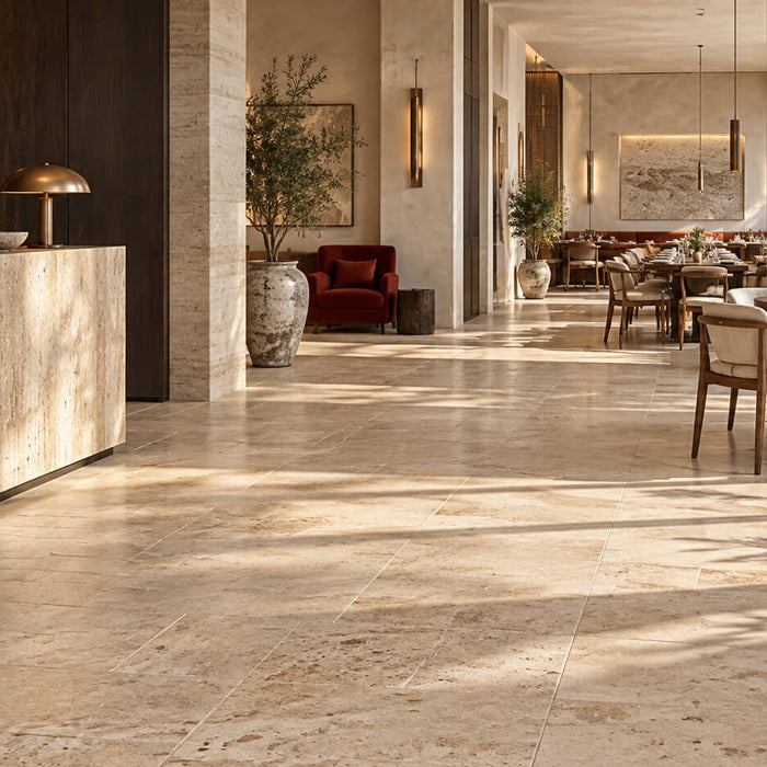 Sunlit hotel lobby and restaurant with beige travertine flooring, a stone reception desk and wooden dining furniture.