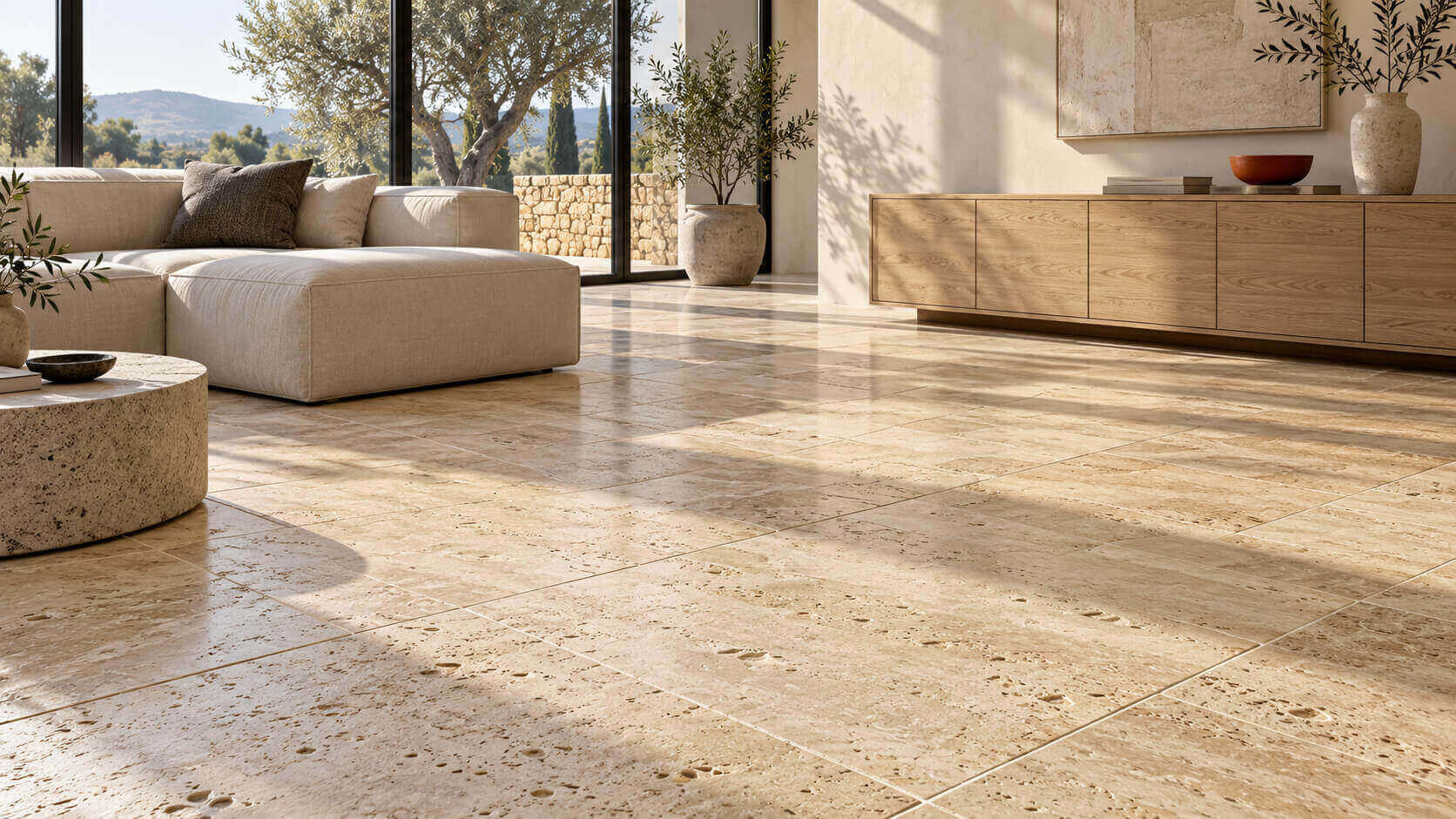 Beige travertine floor tiles in a sunlit living room with a cream sofa, oak cabinetry, and large windows.