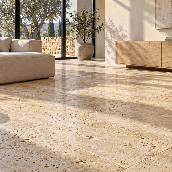 Beige travertine floor tiles in a sunlit living room with a cream sofa, oak cabinetry, and large windows.