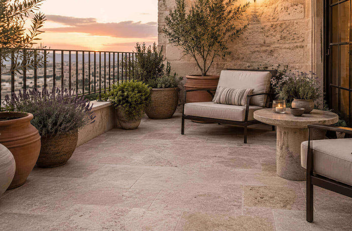 Warm small terrace with beige travertine tile, olive trees, natural planters, and cozy outdoor seating at sunset