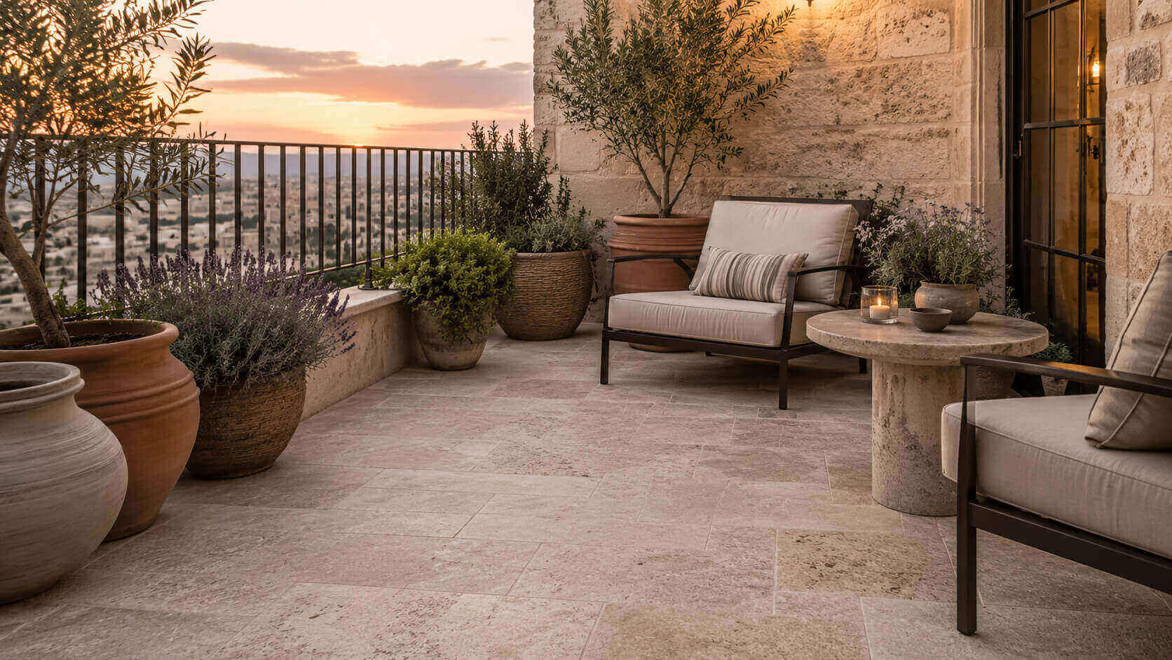 Warm small terrace with beige travertine tile, olive trees, natural planters, and cozy outdoor seating at sunset