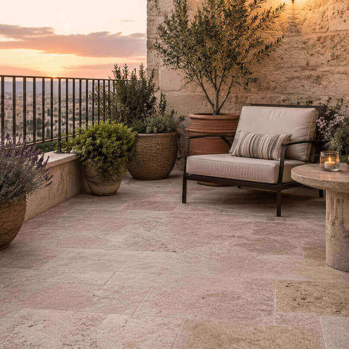 Warm small terrace with beige travertine tile, olive trees, natural planters, and cozy outdoor seating at sunset