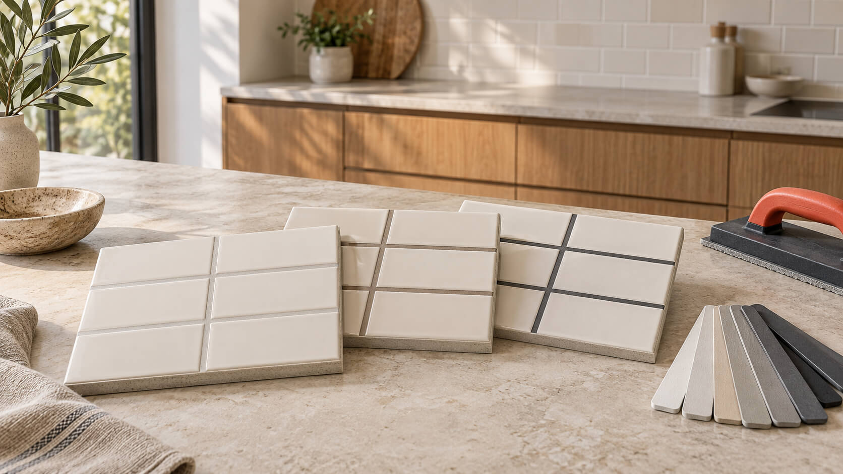 Ivory tile sample boards with light, taupe, and charcoal grout beside grout color swatches on a kitchen countertop.