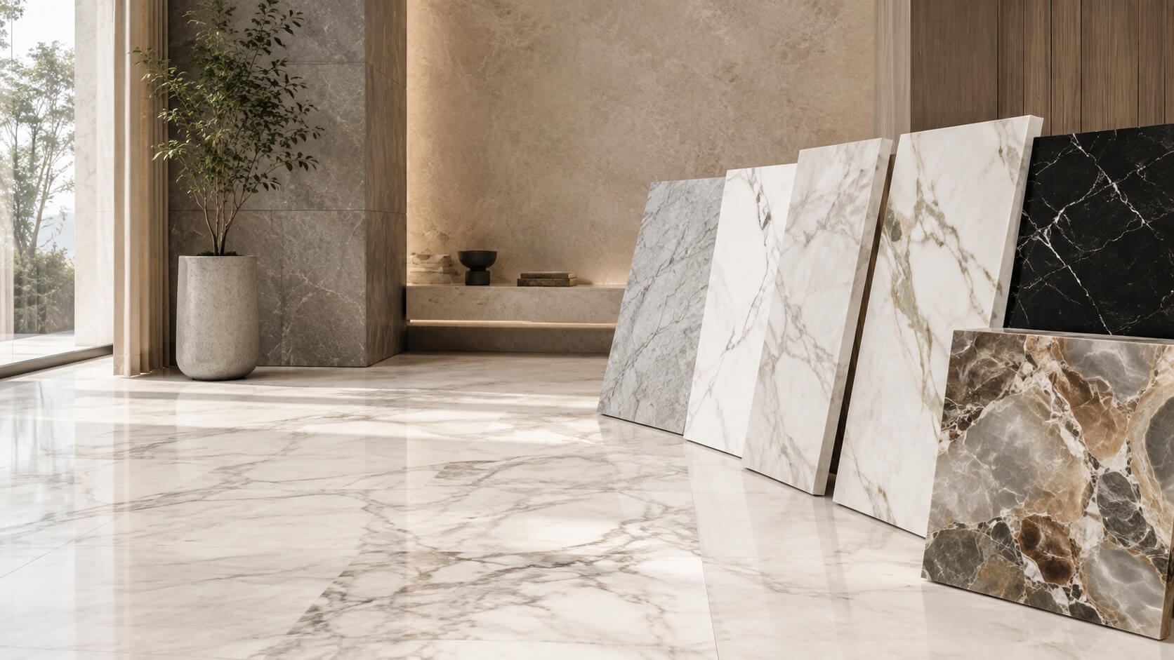 Different marble flooring types displayed in a luxury interior with white, black, and breccia stone samples