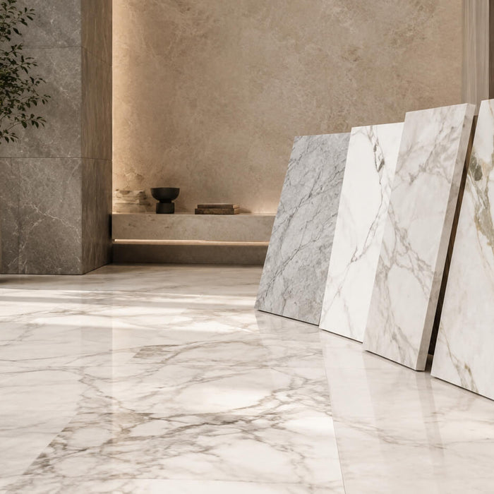 Different marble flooring types displayed in a luxury interior with white, black, and breccia stone samples