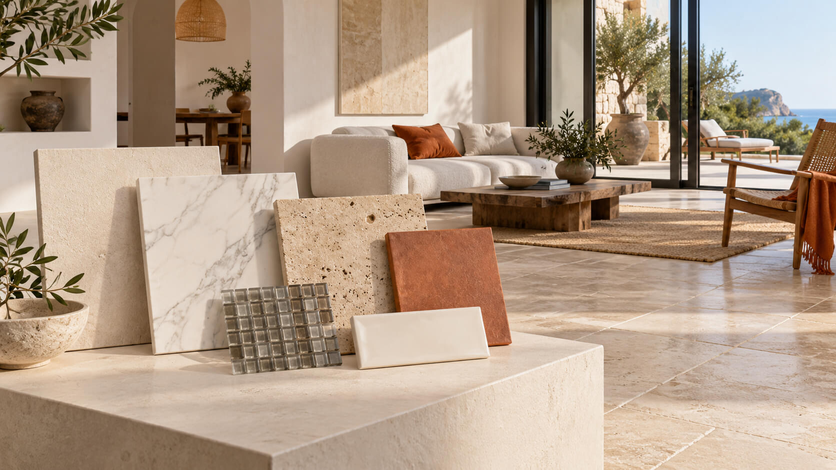 Porcelain, marble, travertine, terracotta, glass mosaic, and ceramic tile samples displayed in a sunlit living room.