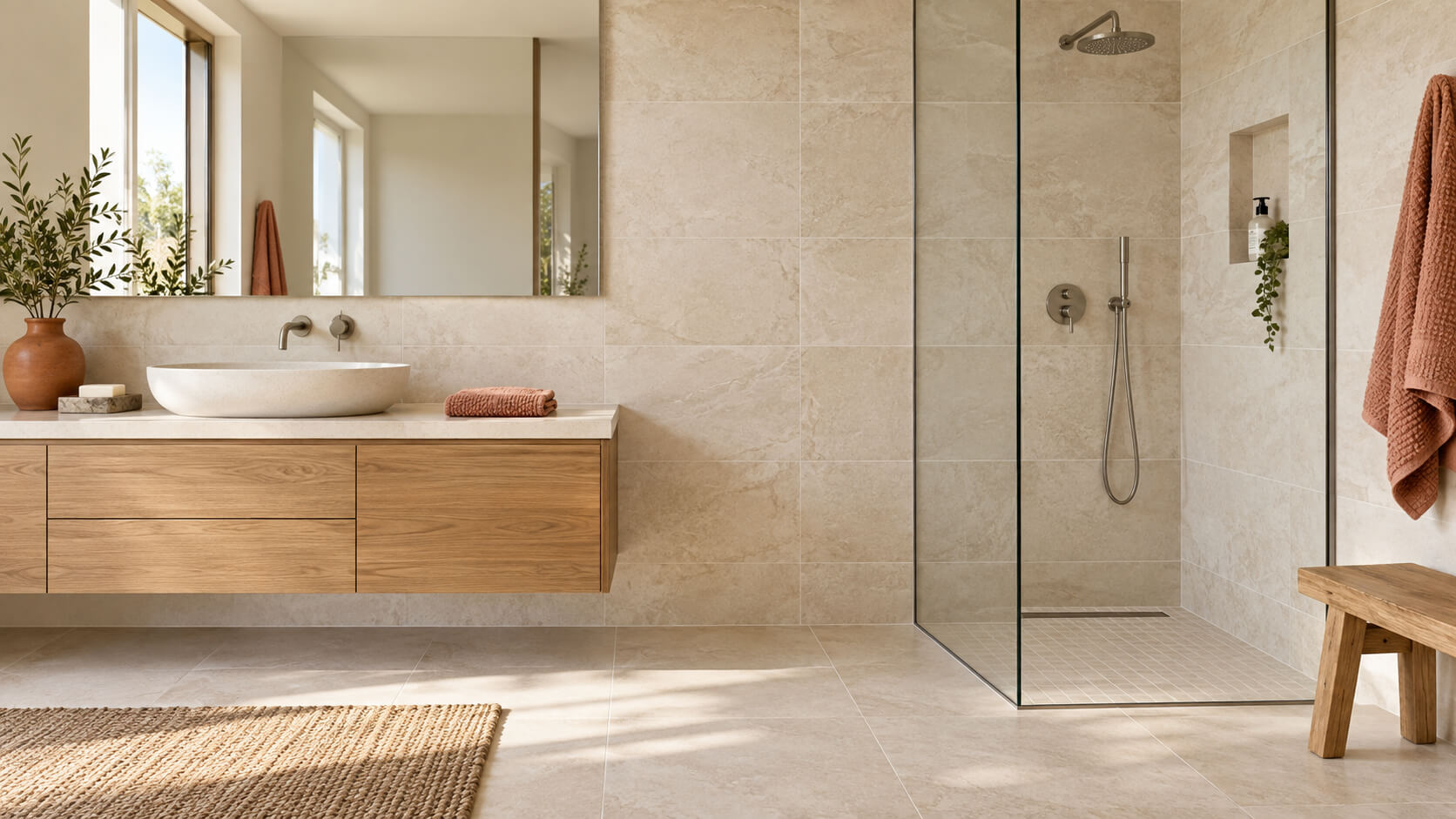 Updated bathroom with beige stone-look tiles, fresh grout, an oak vanity, and a glass-enclosed shower.