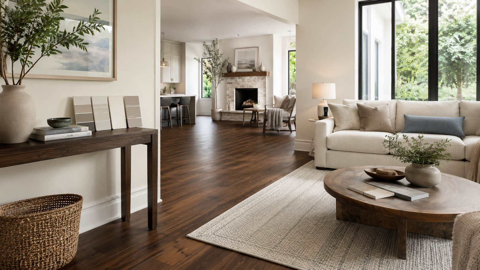 Modern living room with dark walnut hardwood flooring, warm neutral walls, and coordinated paint color samples.