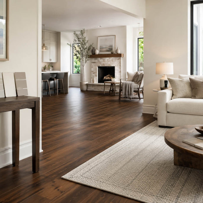 Modern living room with dark walnut hardwood flooring, warm neutral walls, and coordinated paint color samples.