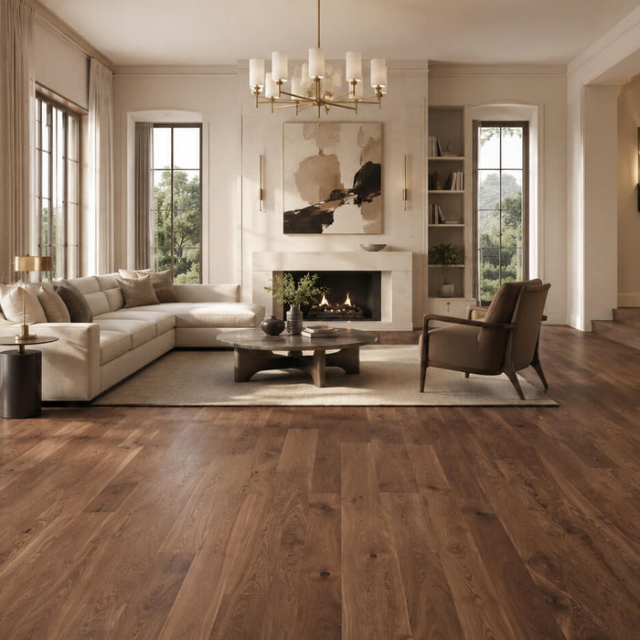 Elegant living room with rich walnut hardwood flooring, warm neutral walls, natural light, and modern interior details