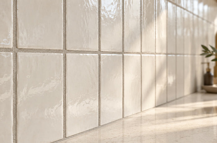 Close-up of ivory ceramic backsplash tiles with warm-gray grout joints and a softly blurred kitchen background.