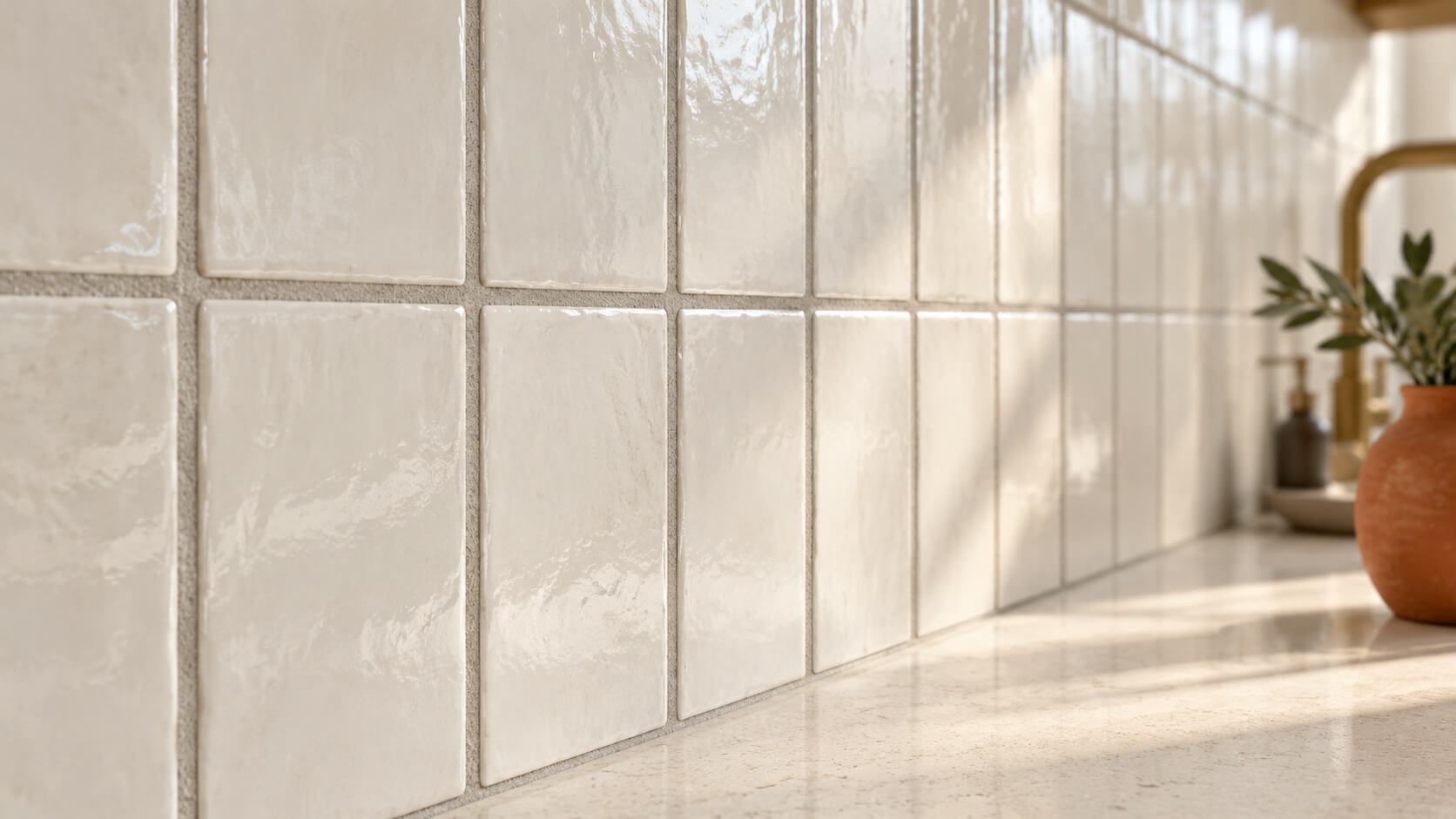 Close-up of ivory ceramic backsplash tiles with warm-gray grout joints and a softly blurred kitchen background.