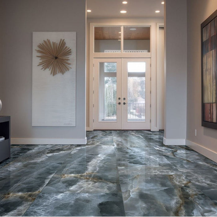 Large format natural stone tile with continuous veining and fewer grout lines