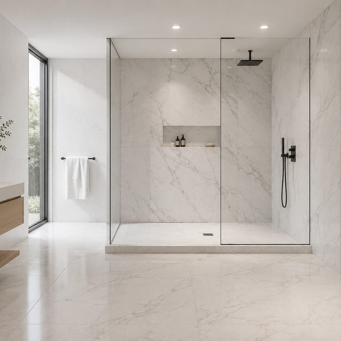 Which finish is best when choosing marble tile for a shower wall?