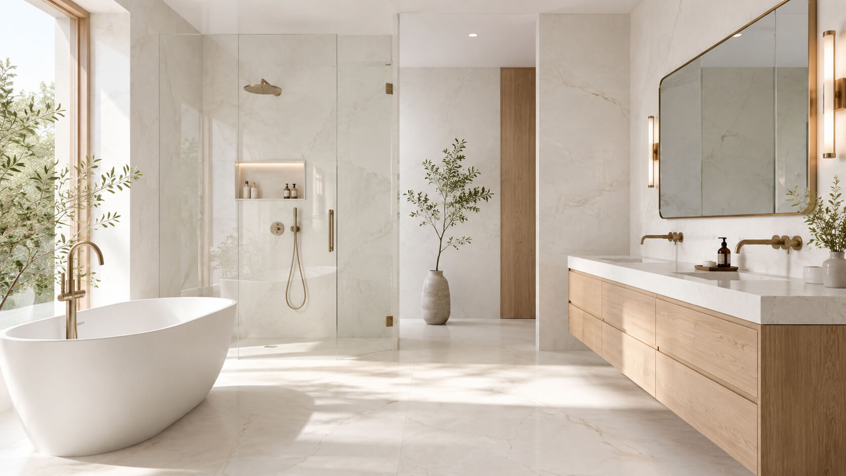 Bright modern bathroom with white natural stone walls and floor, freestanding tub, glass shower, and light wood vanity creating an open and airy interior.