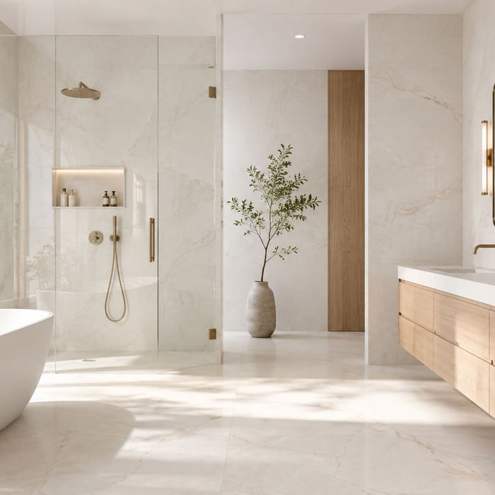 Bright modern bathroom with white natural stone walls and floor, freestanding tub, glass shower, and light wood vanity creating an open and airy interior.