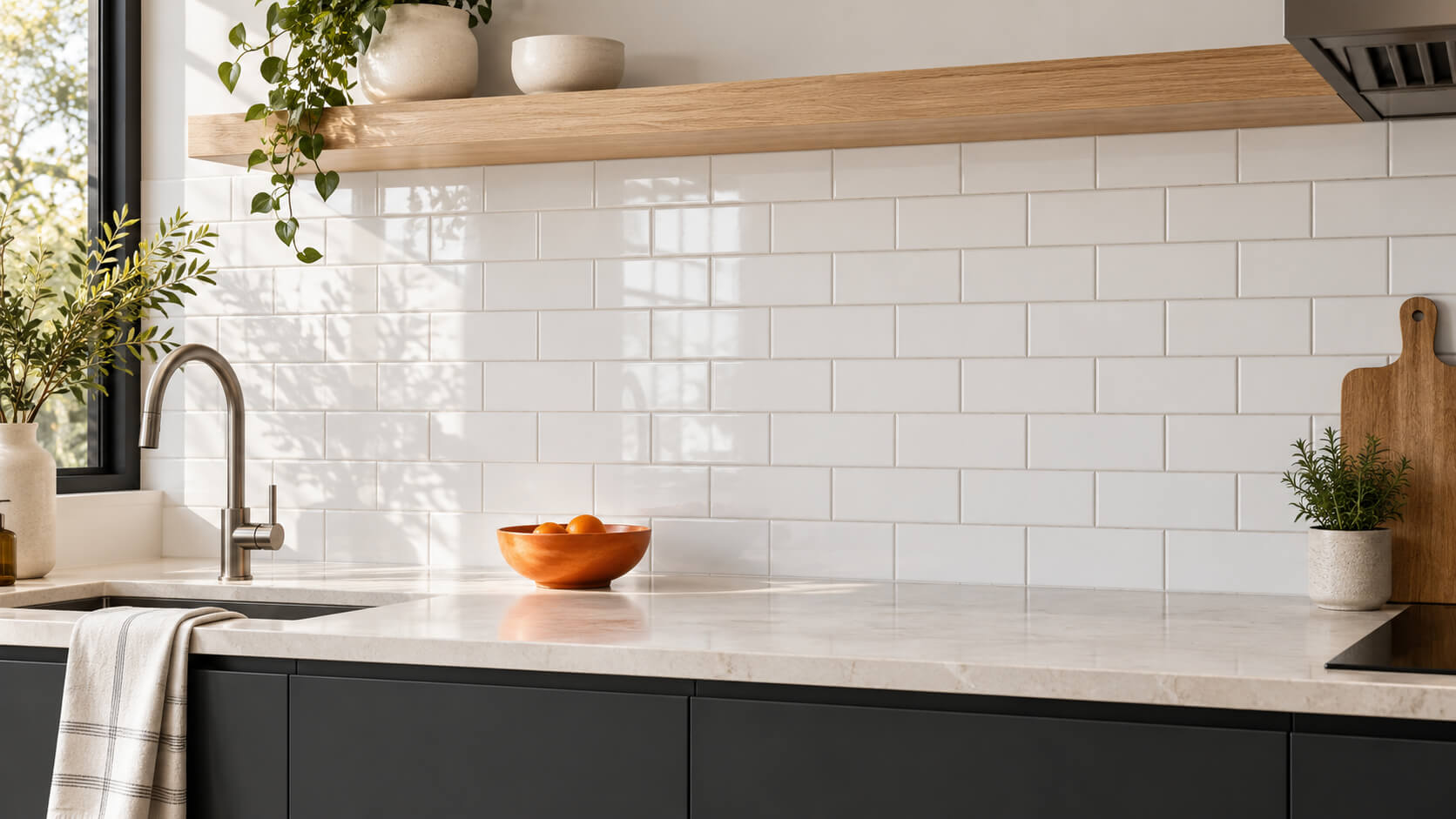 White subway tile backsplash with charcoal cabinets, an oak shelf, and a light stone countertop.