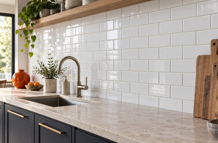 White subway tile kitchen backsplash with light grout, dark cabinets, a stone countertop, and an orange vase.
