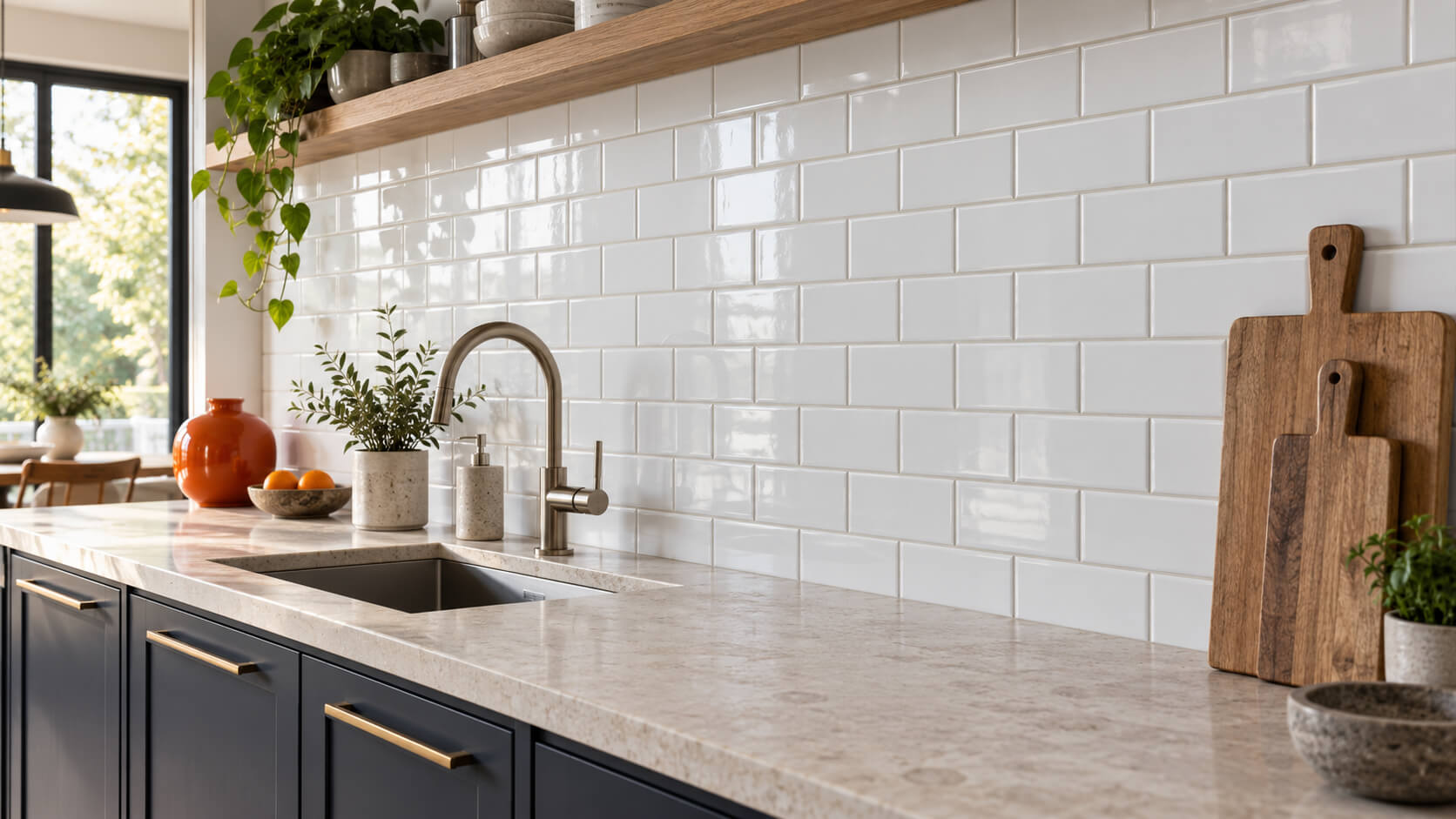 White subway tile kitchen backsplash with light grout, dark cabinets, a stone countertop, and an orange vase.