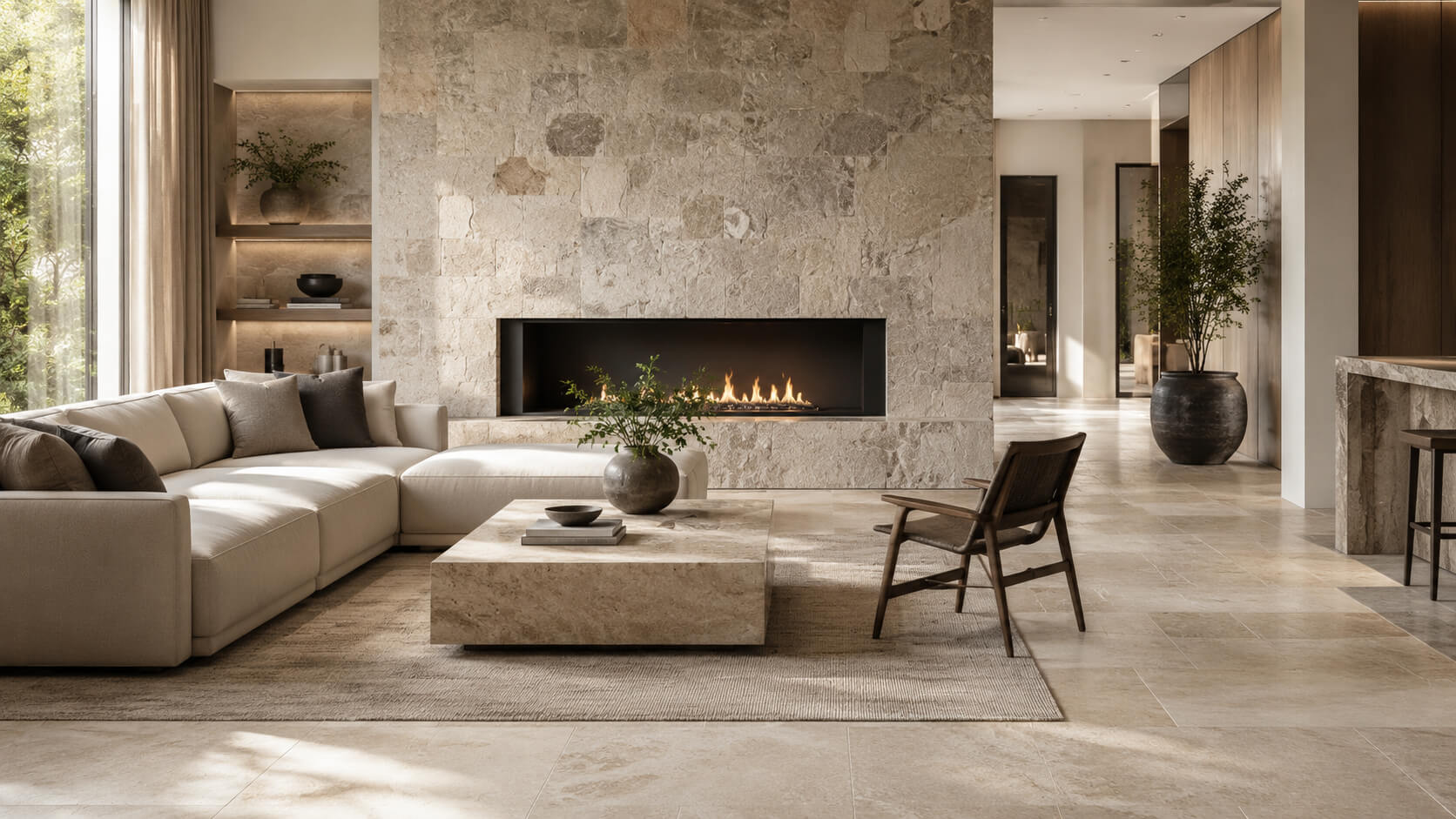 Elegant modern living room with natural stone flooring and a large stone fireplace wall, showing how natural stone adds warmth, texture, and timeless value to interior design.