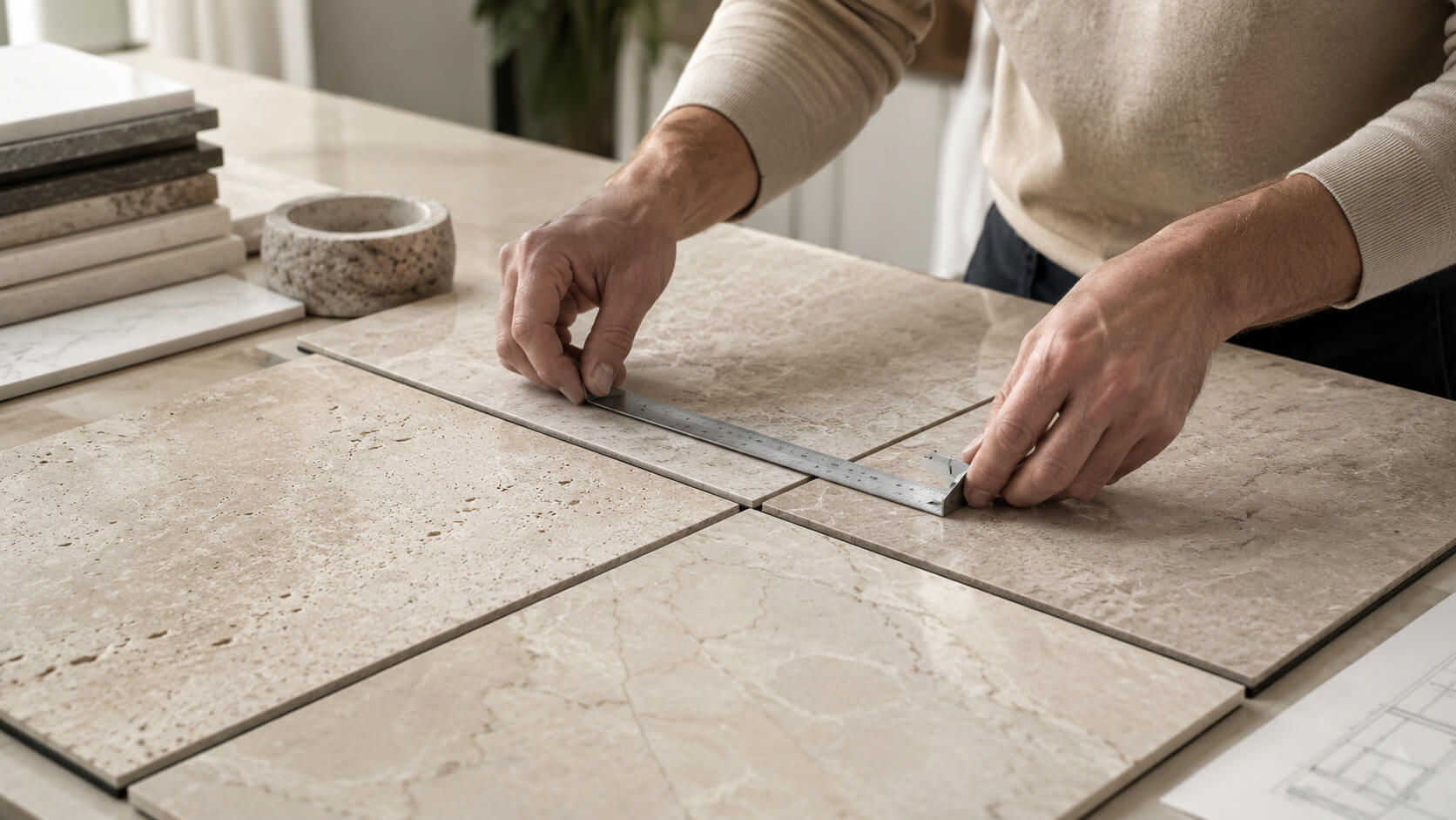 A person measuring natural stone tile samples on a work surface to check dimensional accuracy, size consistency, and layout alignment.