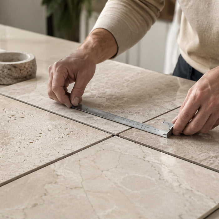 A person measuring natural stone tile samples on a work surface to check dimensional accuracy, size consistency, and layout alignment.