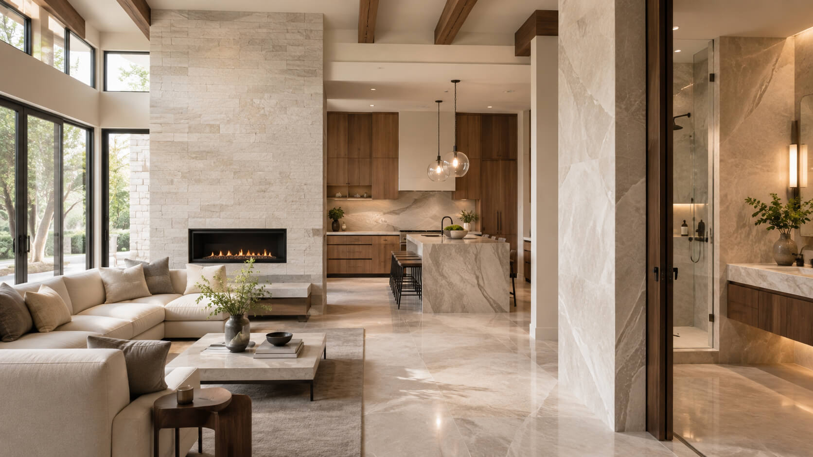 Luxurious open-plan interior with natural stone fireplace wall, marble kitchen island, stone flooring, and a spa-style bathroom showing the premium look of natural stone.