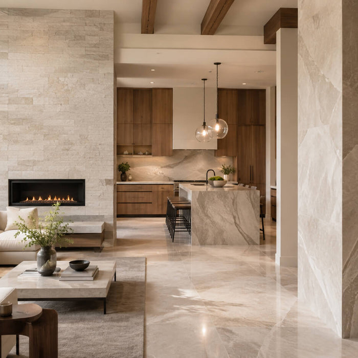 Luxurious open-plan interior with natural stone fireplace wall, marble kitchen island, stone flooring, and a spa-style bathroom showing the premium look of natural stone.