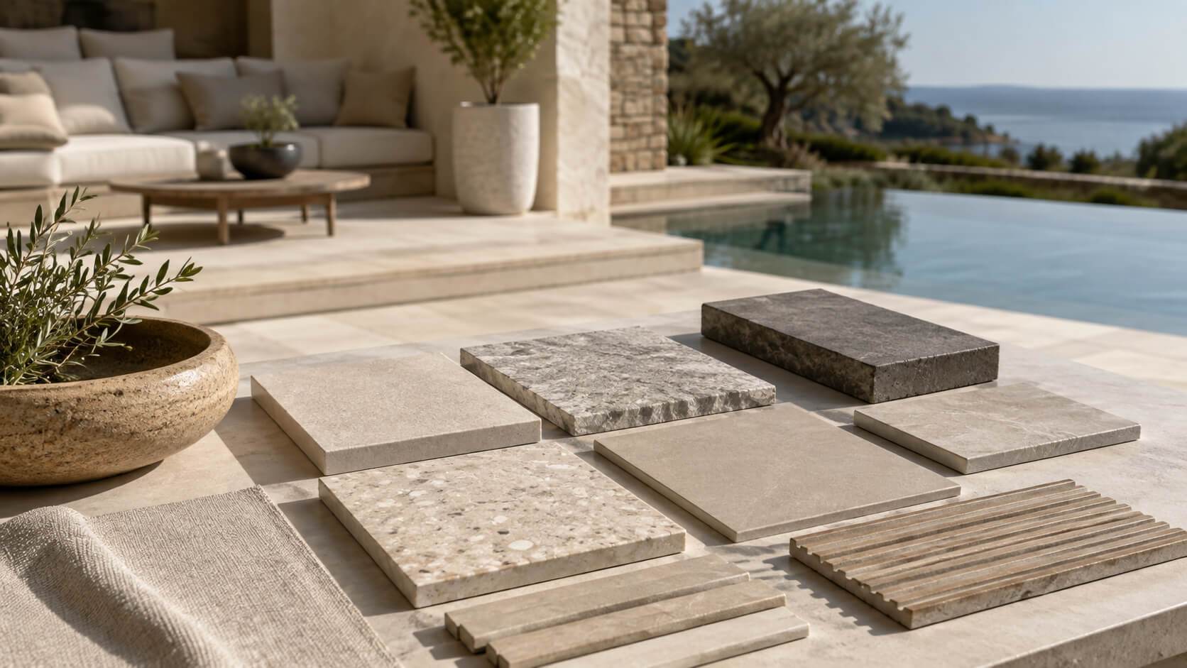 Outdoor stone samples arranged beside a luxury poolside patio to compare colors, textures, and finishes before ordering.