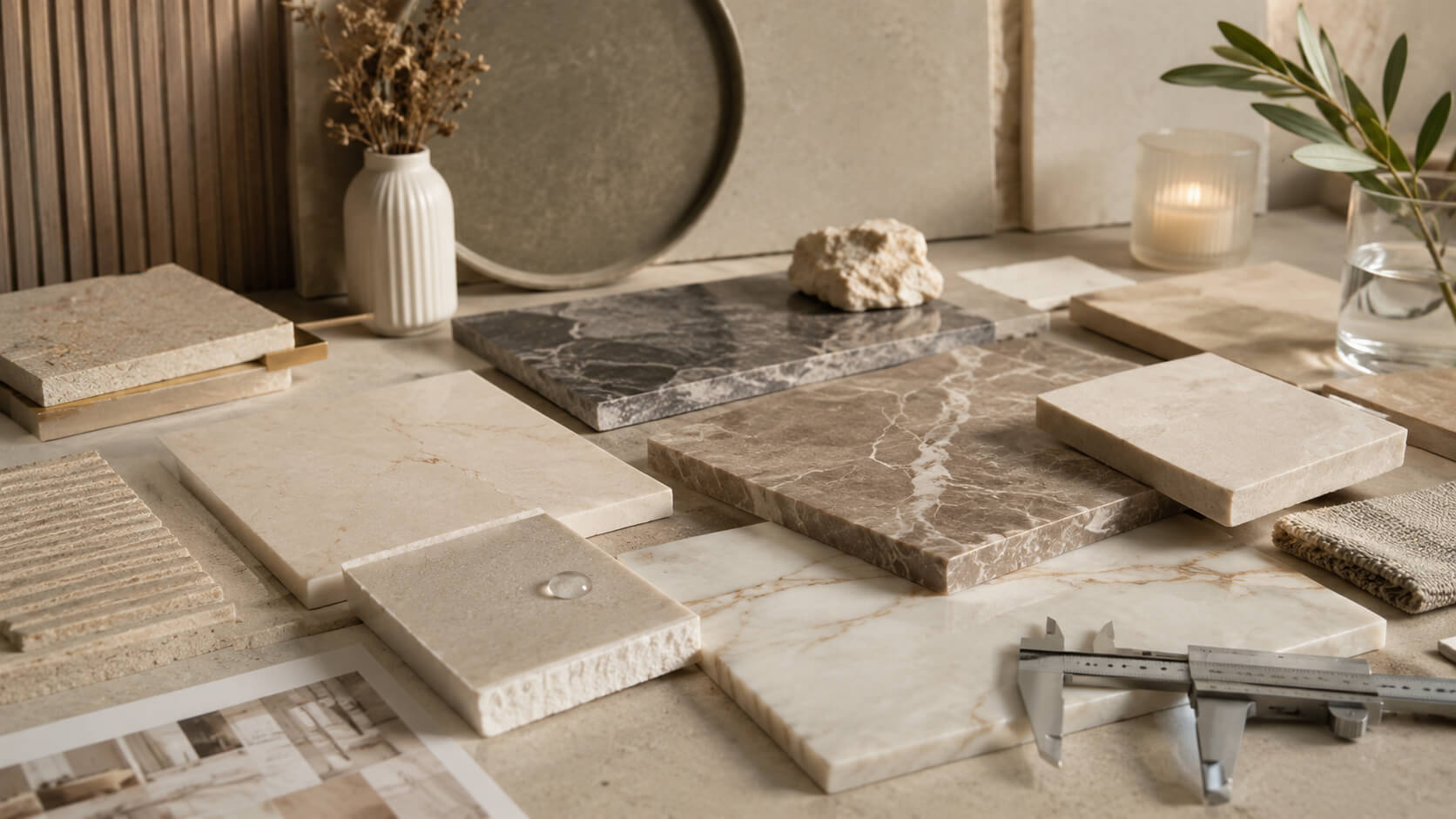 Natural stone and marble samples arranged on a design table, showing different finishes, textures, thicknesses, and technical selection considerations.