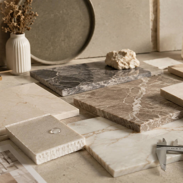 Natural stone and marble samples arranged on a design table, showing different finishes, textures, thicknesses, and technical selection considerations.